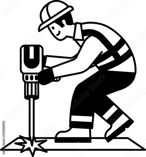 black and white flat icon vector of Technician drilling the floor