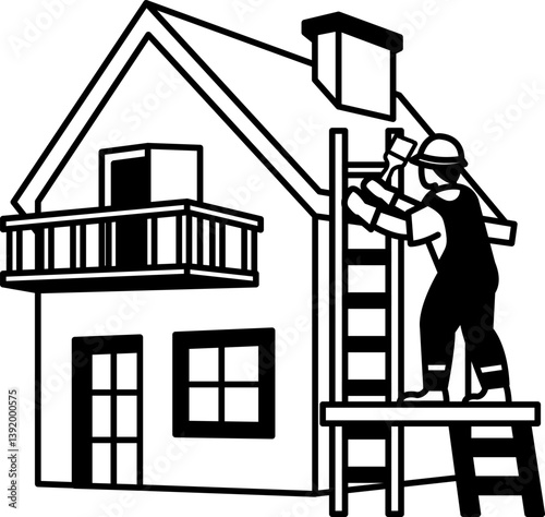 black and white flat icon vector of The painter is painting the exterior of the house