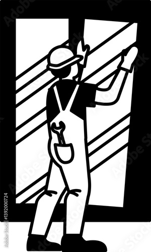 black and white flat icon vector of The glazier is installing a new window pane