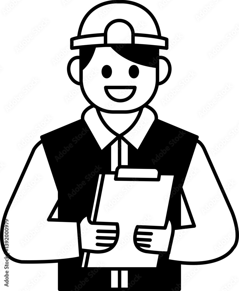 black and white flat icon vector of Engineer holding documents black and white flat icon vector of Engineer holding documents