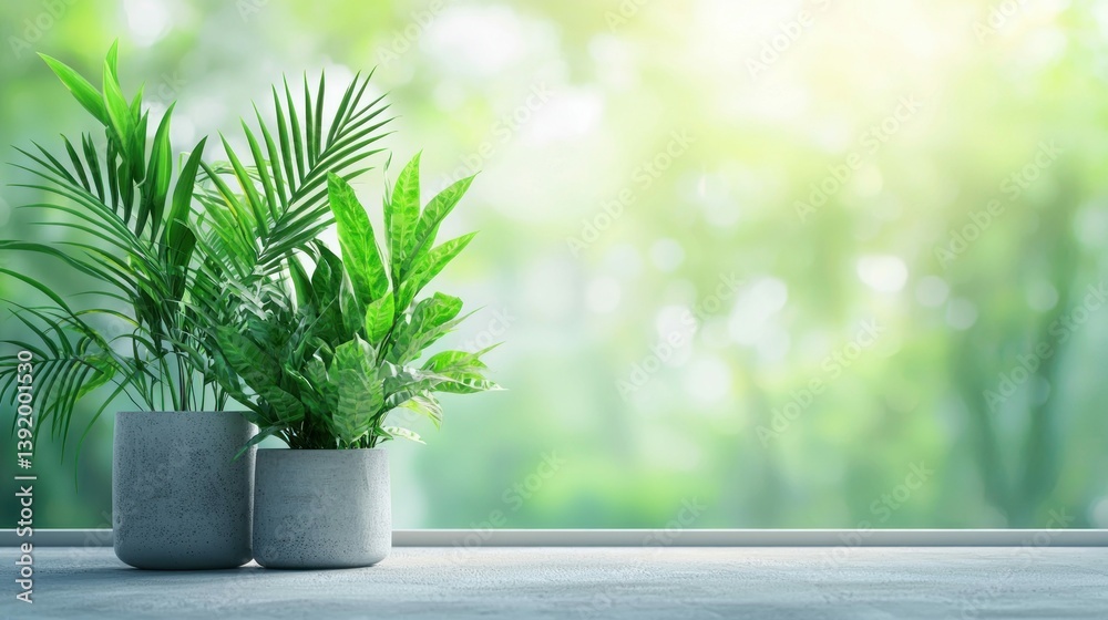 Fototapeta premium vibrant indoor plants in concrete pots are showcased on a bright windowsill with blurred greenery.