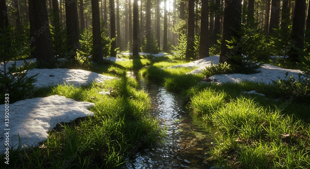 Obraz premium Sunlit Forest Stream Spring Melt Peaceful nature scene. AI Generated