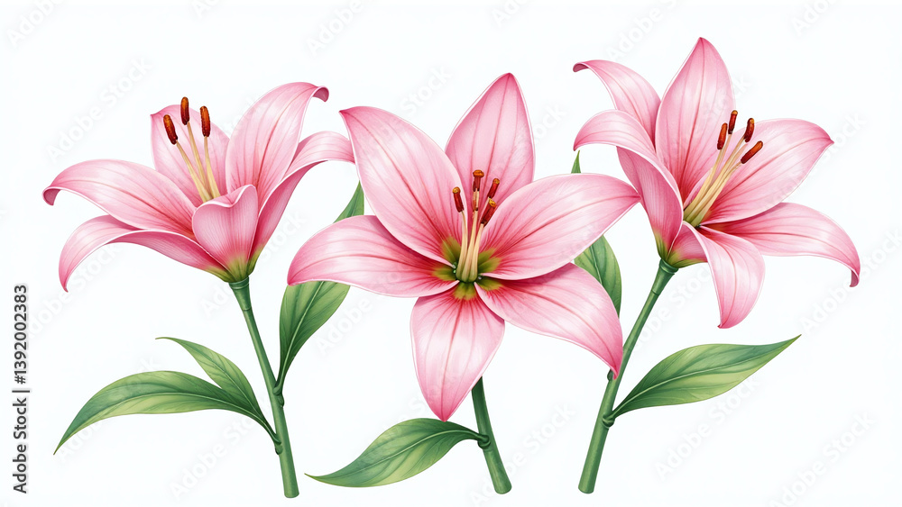 Obraz premium beautifully detailed watercolor illustration pink lily flower green leaves isolated white background