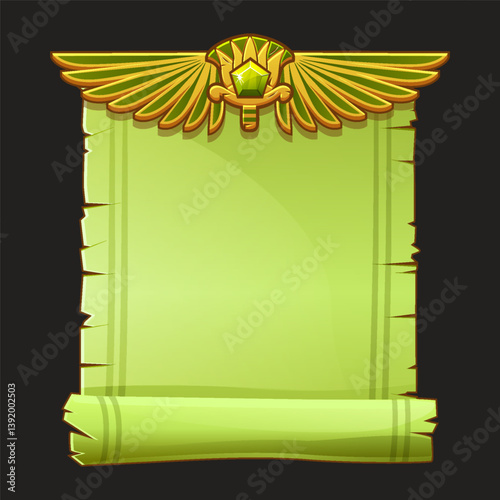 Ancient Egypt papyrus scroll cartoon vector with Lotus and Egyptian culture religious wings, Egyptian icon, object, background or frame for game development.