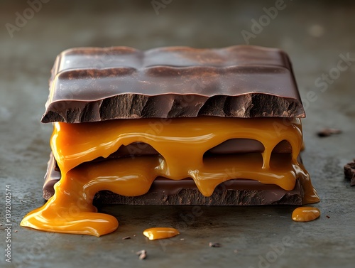 Melting chocolate bar with caramel filling oozing out