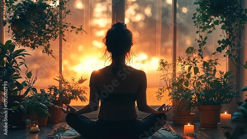 Woman meditates at sunset, surrounded by plants and candles