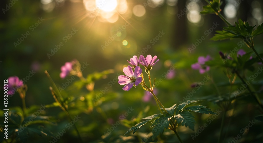 Obraz premium Warm sunset light illuminates delicate purple wildflowers in a lush forest. AI Generated