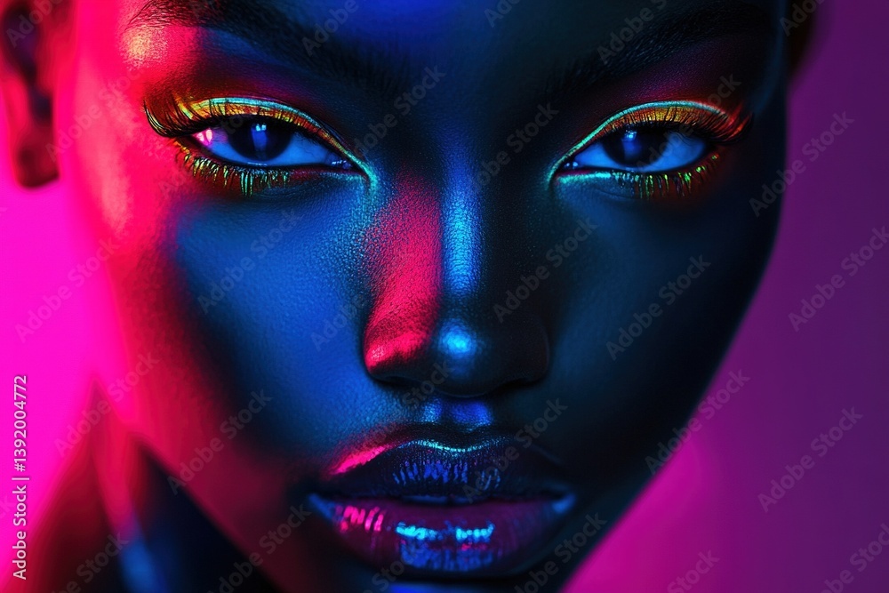 A captivating portrait of a face enhanced with neon colors and light effects A captivating portrait of a face enhanced with neon colors and light effects