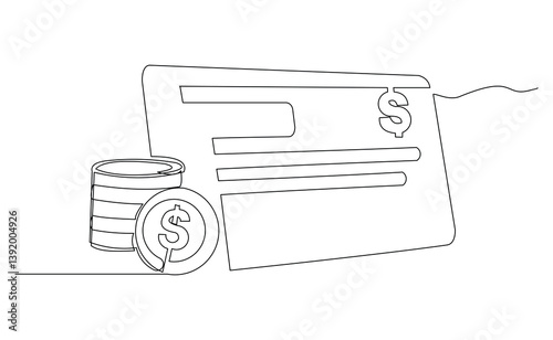 Continuous single line of bank check cheque blank empty note payment dollar bill salary money finance concept sketch drawing editable stroke vector illustration