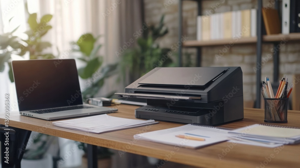 Fototapeta premium Modern Office Workspace with Printer, Laptop, and Stationery Supplies