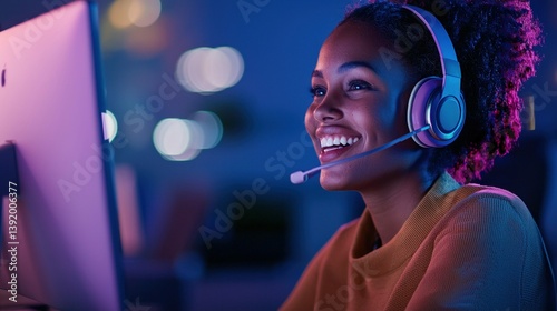 Wallpaper Mural A smiling customer service representative wearing a headset, providing online support. Torontodigital.ca