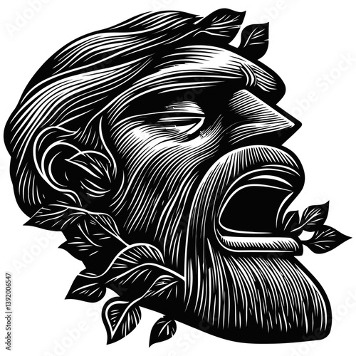 Dramatic Vintage Illustration of a Man Shouting with Leaves