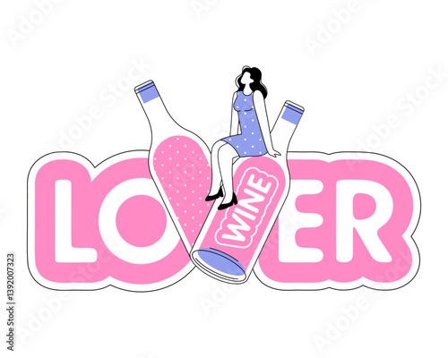 Wine Lover. Wine festival. A young woman sits next to a huge bottle of wine. Vector.