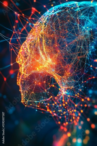 Abstract digital art shows a network of interconnected points in orange and blue.