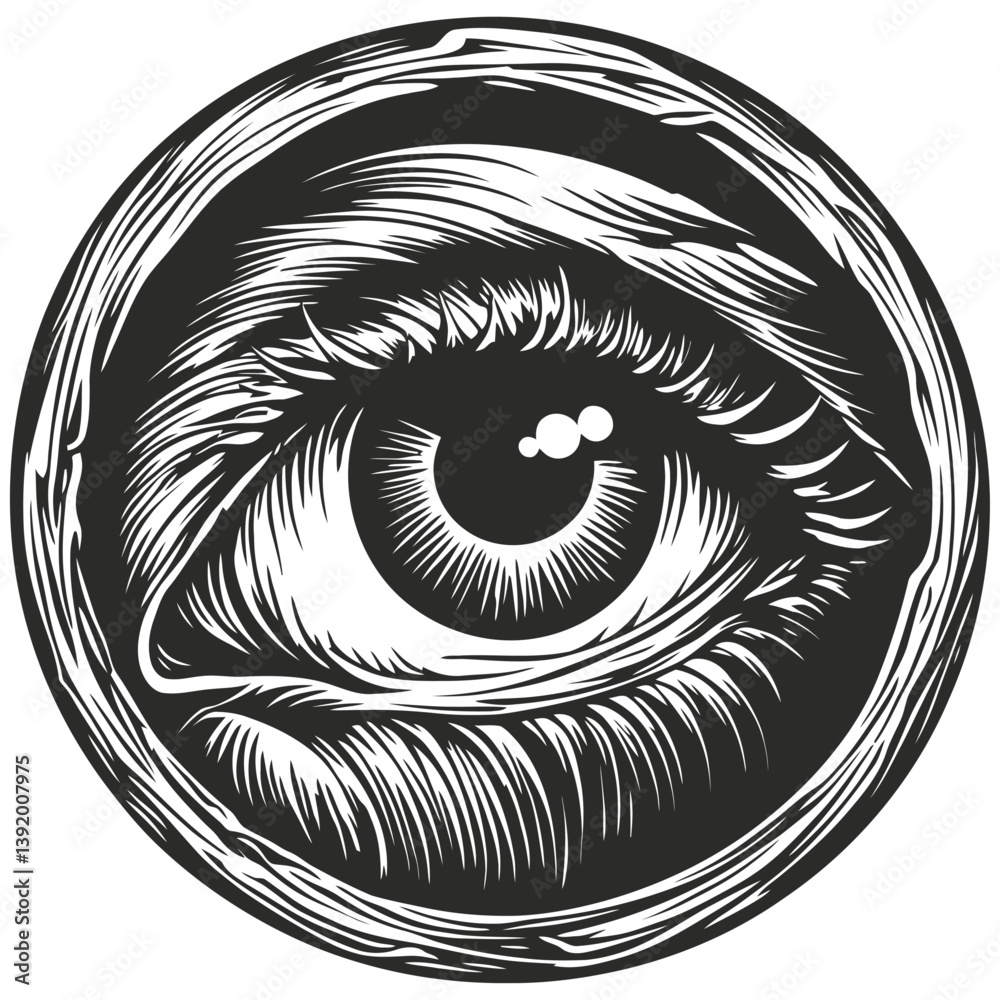 Obraz premium Intricate Hand-Drawn Eye Illustration in Black and White Design