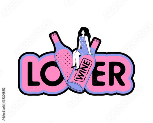 Wine Lover. Wine festival. A young woman sits next to a huge bottle of wine. Vector.
