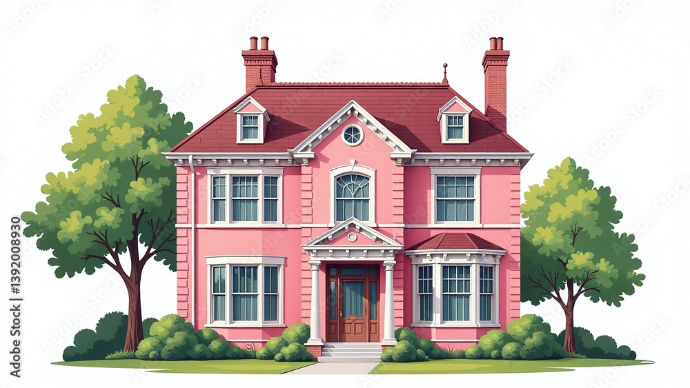 custom made wallpaper toronto digitalclassic victorian house illustration pink exterior tall chimneys isolated white