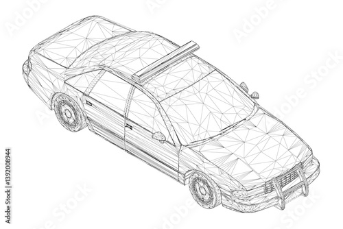 A police car is shown in a black and white drawing. The car is parked on the side of the road and has a police light on top. The drawing gives the impression of a serious and authoritative scene