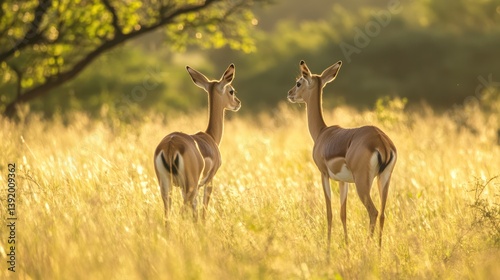 Two gazelles in golden field at dawn