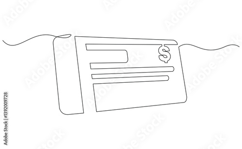 Continuous single line of bank check cheque blank empty note payment dollar bill salary money finance concept sketch drawing editable stroke vector illustration