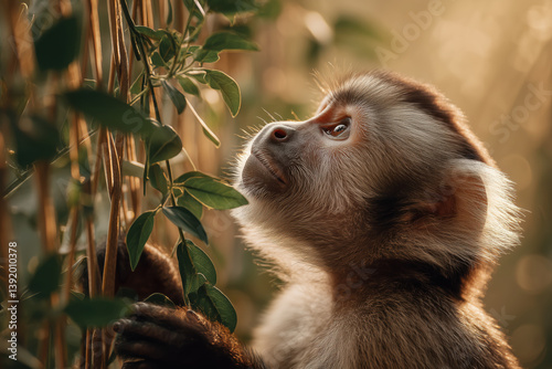 Curious capuchin monkey gazing at jungle vines, bathed in beautiful golden backlight—perfect for wildlife and nature themes.

 photo