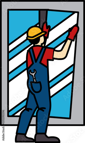 flat icon vector of The glazier is installing a new window pane