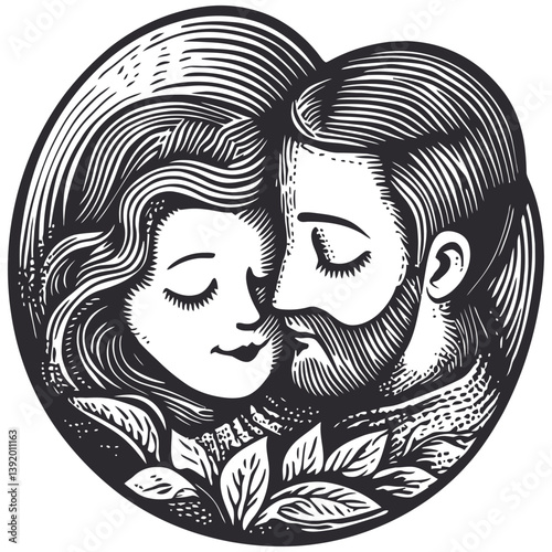Artistic Vector Illustration of Embracing Couple with Floral Elements