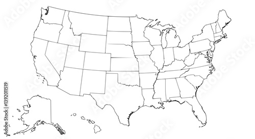 United States Map Outline: Simple Black Lines on White, Separated States, Geographic Blank.