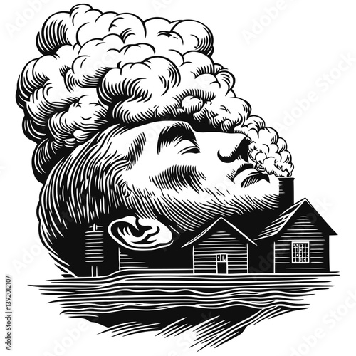 Surreal Concept of Man's Head with Clouds and Houses in Water