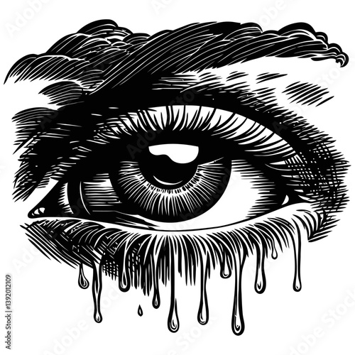 Eye Illustration with Tears and Dramatic Cloud Background in Vector Style