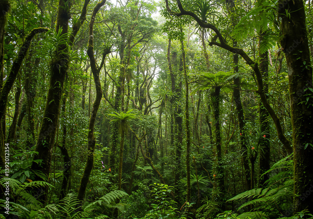 Fototapeta premium Lush Rainforest Canopy Tropical Trees, Ferns, Dense Forest Landscape, Nature, Green Environment