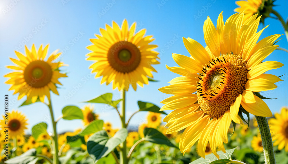 Obraz premium Bright sunflowers blooming in clear blue sky, symbol of joy