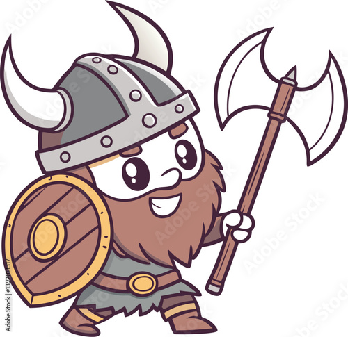 cute Viking warrior mascot with big beard, holding a battle axe, wearing a helmet with horns