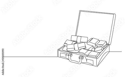 Continuous single line of suitcase baggage of many stacks dollar money. Finance business success rich symbol sketch drawing editable stroke vector illustration