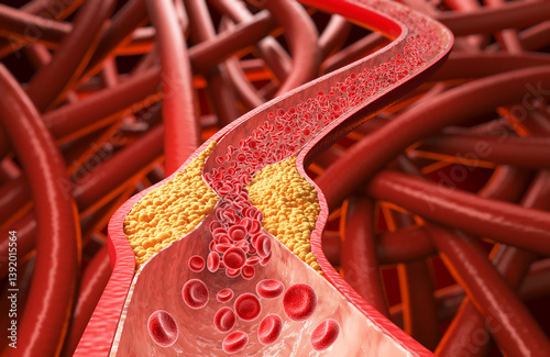 Cuadro en lienzo High Blood Cholesterol, Thickened Arteries and Veins, Red Blood Cells, 3d illustration