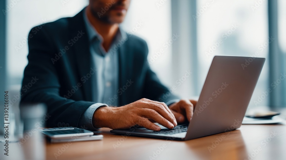A professional man is working on a laptop in a bright, modern office setting. A professional man is working on a laptop in a bright, modern office setting.