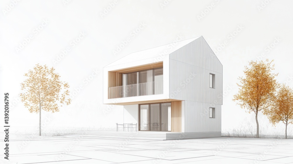 Modern House Design, Autumn Trees, Architectural Sketch Modern House Design, Autumn Trees, Architectural Sketch