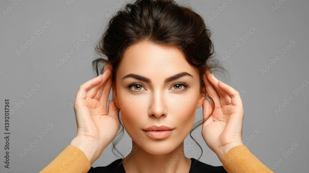 Elegant portrait of a woman with her hands near her head, looking serene and stylish. Elegant portrait of a woman with her hands near her head, looking serene and stylish.
