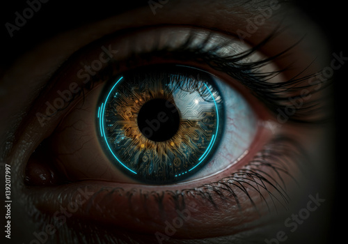 Extreme close-up of human eye with enhanced iris details, symbolizing observation, focus and technological enhancement