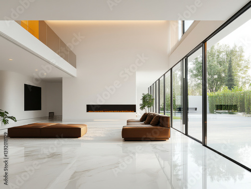 Obraz na płótnie Modern interior with panoramic windows and minimalist furniture under natural light, showcasing luxury and architectural design w salonie