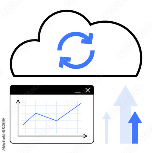 Cloud with sync icon, line graph on screen, and upward arrows signify data synchronization, real-time analytics, cloud storage, growth, trends, technology innovation. Ideal for technology growth