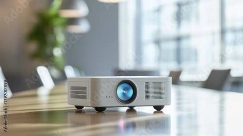 Modern Projector on Wooden Table in Bright Office Environment