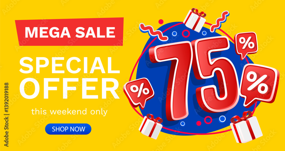 Naklejka premium 75 percent Special offer mega sale, Check and gift box. Sale banner and poster. Vector illustration.