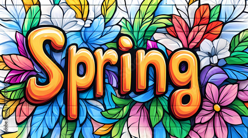 Brightly Colored Spring Logo in Graffiti Style with flowers and leaves