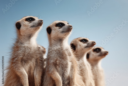 Group of curious meerkats on lookout in their natural desert habitat.

