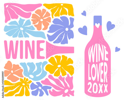Modern posters for wine festival, art magazine covers or posters with wine bottles. Lettering. Vector.