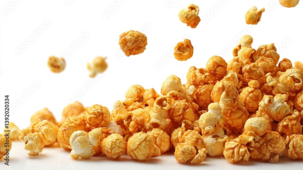 Delicious Caramel Popcorn Pile with Falling Pieces on White Background Delicious Caramel Popcorn Pile with Falling Pieces on White Background