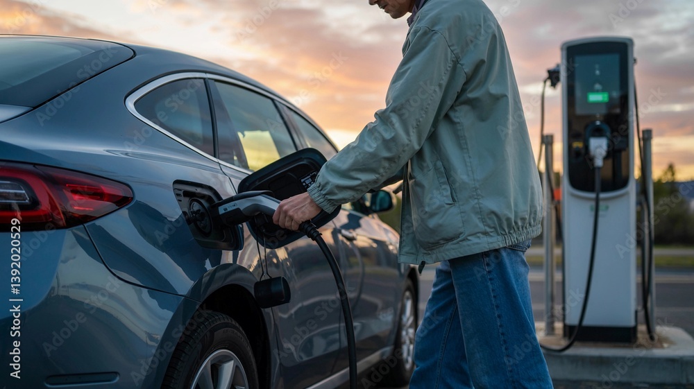 A photograph of a person plugging in an electric car at a public charging station during sunset A photograph of a person plugging in an electric car at a public charging station during sunset