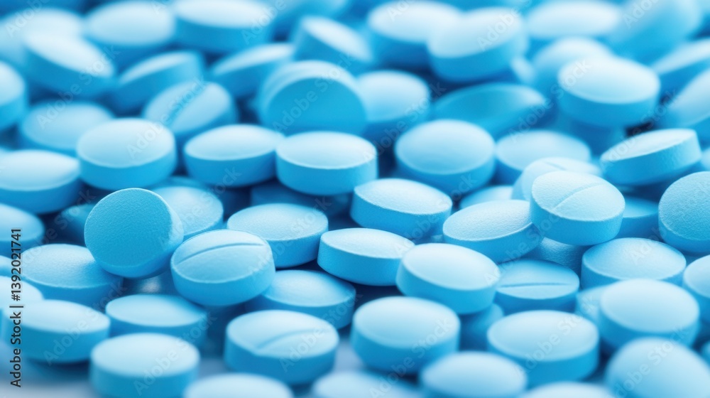 Close-up view of many light blue pills Close-up view of many light blue pills