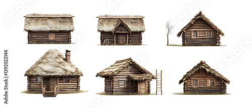 Pack of Log Cabin with a Thatched Roof set of Five Different Poses set Against Transparent Background for Architecture, Outdoor, or Rustic Promotion Projects photo